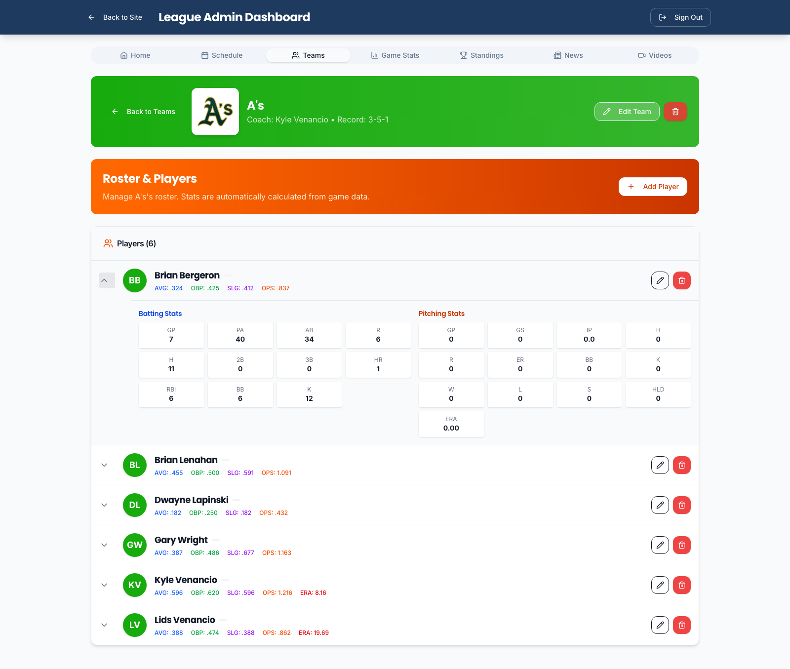 Admin team portal — roster management