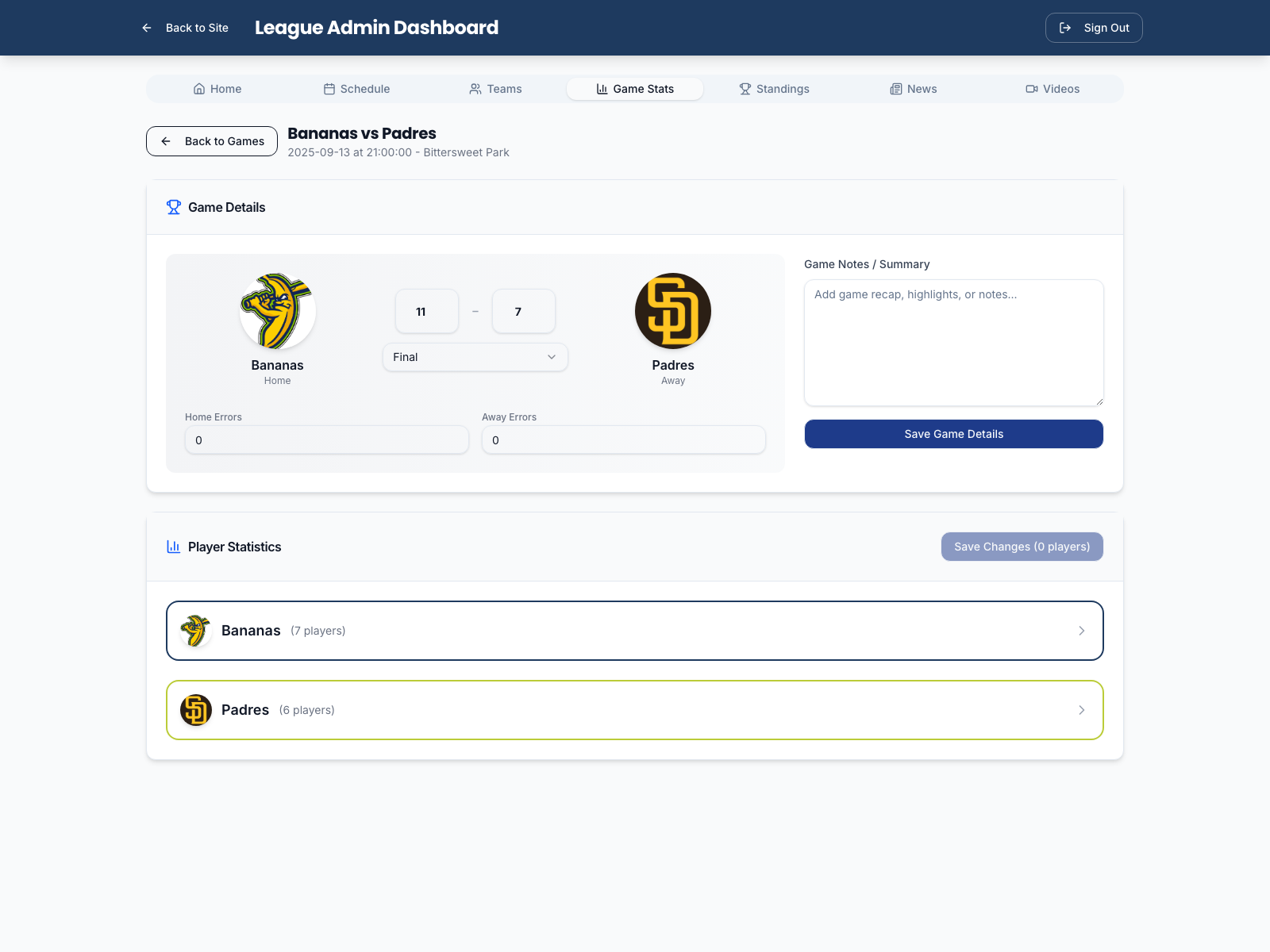 Full game stats entry — game metadata